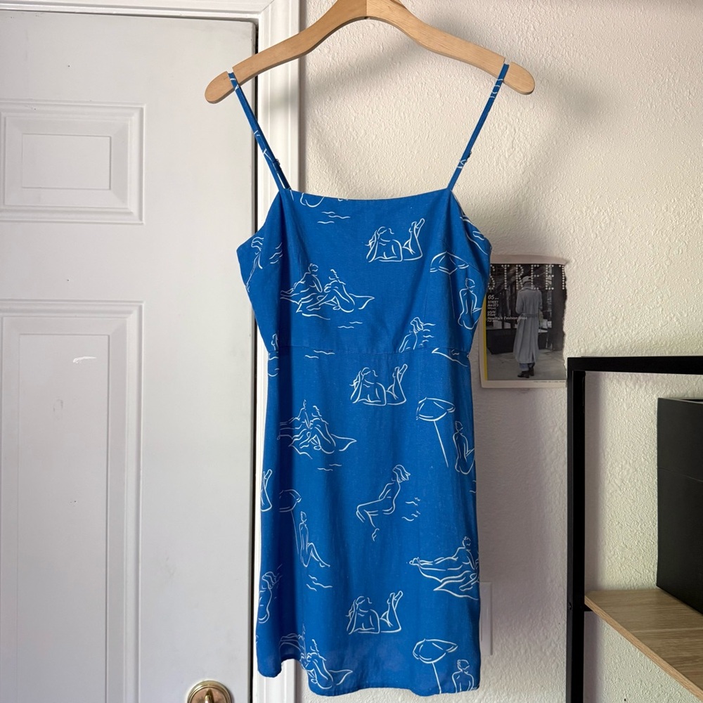 KITRI‎ blue girl print viscose linen sleeveless spaghetti strap mini dress